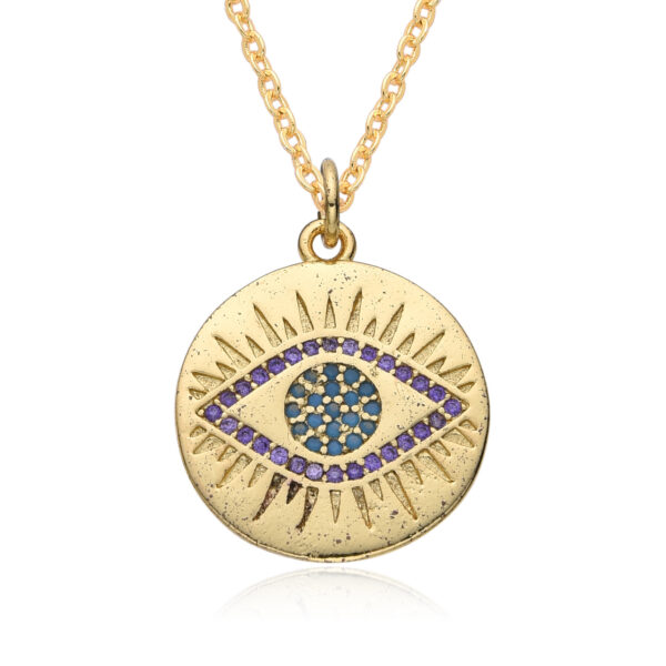 Micro-inlaid Colorful Crystals Bohemian Devil's Eye Disc Hanging Piece Pendant Necklace - Image 2