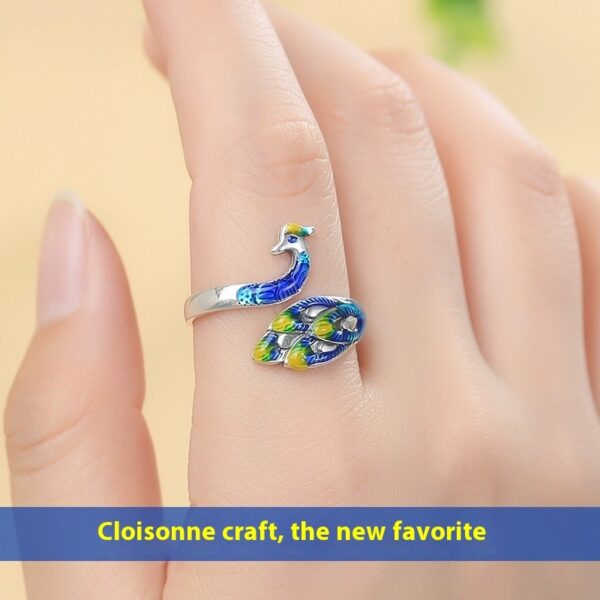 S999 Sterling Silver Cloisonne Peacock Ring For Women - Image 3