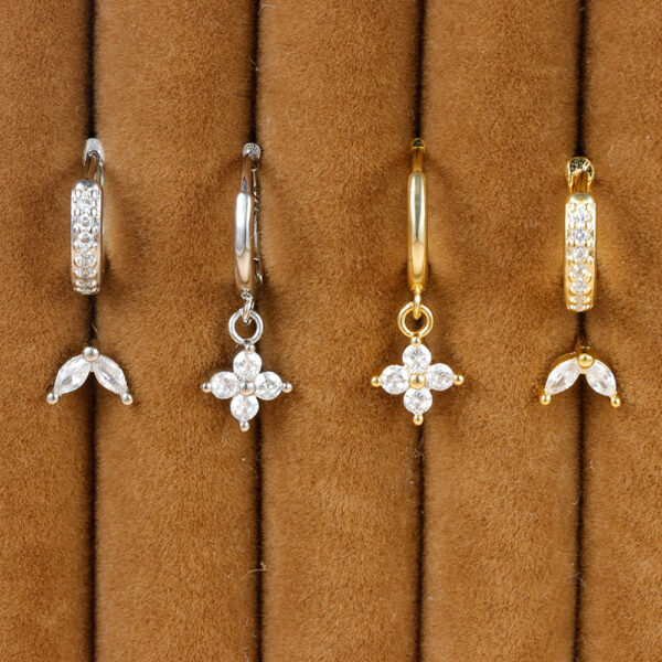 Flower Studded Diamond Stacked Earring Set - Image 4
