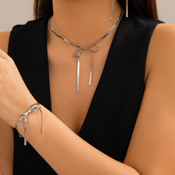 Women's Metal Ribbon Bow Stud Earrings Necklace Bracelet Set - Image 2