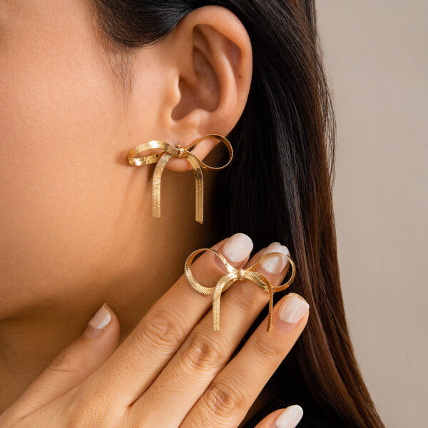 Women's Metal Ribbon Bow Stud Earrings Necklace Bracelet Set - Image 8