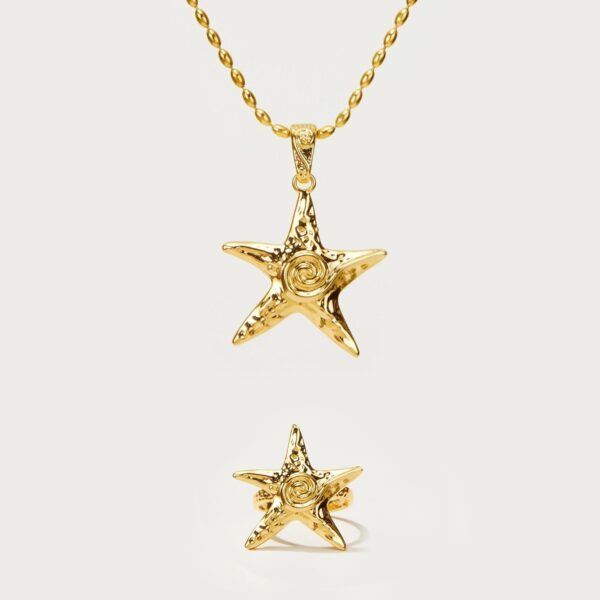 Brass Plated 18K Gold Color Retaining Starfish Necklace Ring Earrings - Image 5