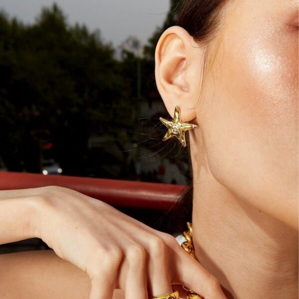 Brass Plated 18K Gold Color Retaining Starfish Necklace Ring Earrings - Image 2