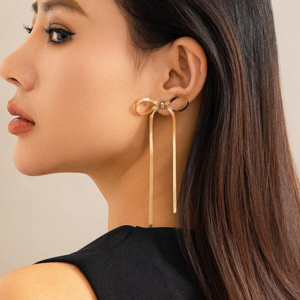 Women's Metal Ribbon Bow Stud Earrings Necklace Bracelet Set - Image 5