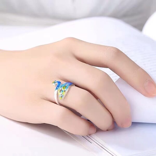 S999 Sterling Silver Cloisonne Peacock Ring For Women - Image 4