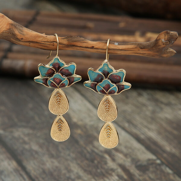 Elegant Lotus Water Drop Women's Vintage Silk Burnt Blue Earrings - Image 5