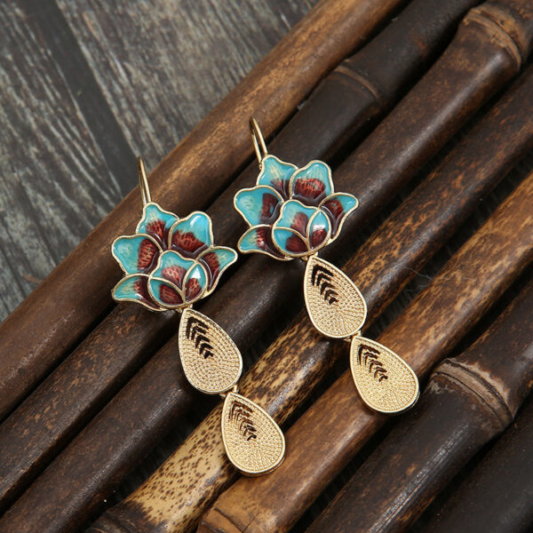 Elegant Lotus Water Drop Women's Vintage Silk Burnt Blue Earrings - Image 2