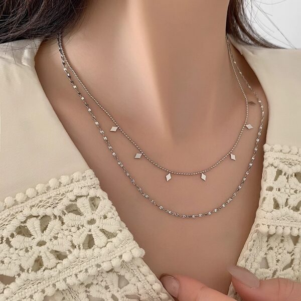 French Exquisite Double Layer Twin Diamond-shaped Sequins Titanium Steel Necklace - Image 3