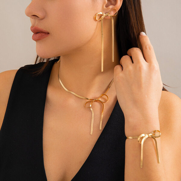 Women's Metal Ribbon Bow Stud Earrings Necklace Bracelet Set - Image 7