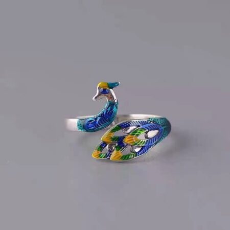 S999 Sterling Silver Cloisonne Peacock Ring For Women