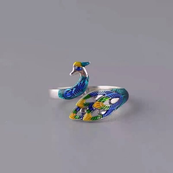 S999 Sterling Silver Cloisonne Peacock Ring For Women