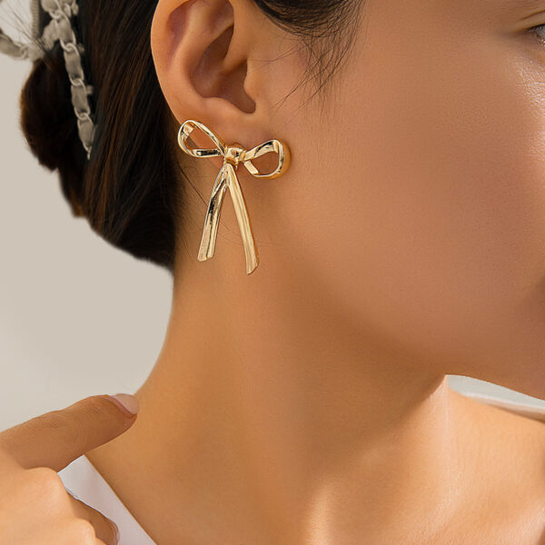 Women's Metal Ribbon Bow Stud Earrings Necklace Bracelet Set - Image 6