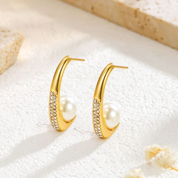 Fashion Stainless Steel Rhinestone Pearl Earrings - Image 2