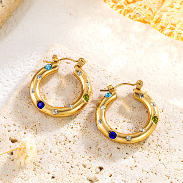 Stainless Steel Inlaid Color Diamond Round Ring Earrings Simple - Image 3