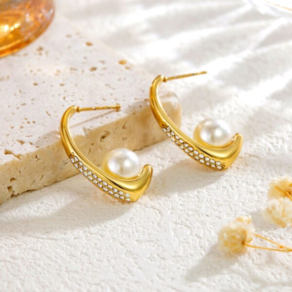 Fashion Stainless Steel Rhinestone Pearl Earrings - Image 4