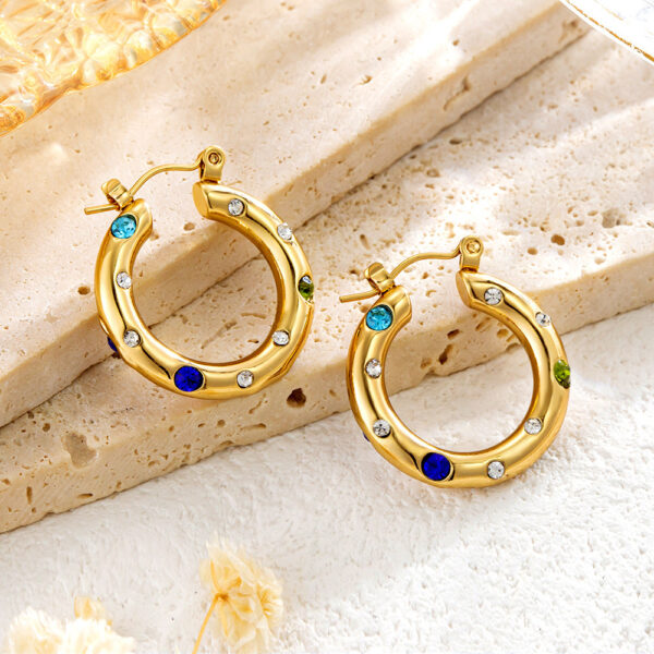 Stainless Steel Inlaid Color Diamond Round Ring Earrings Simple - Image 5