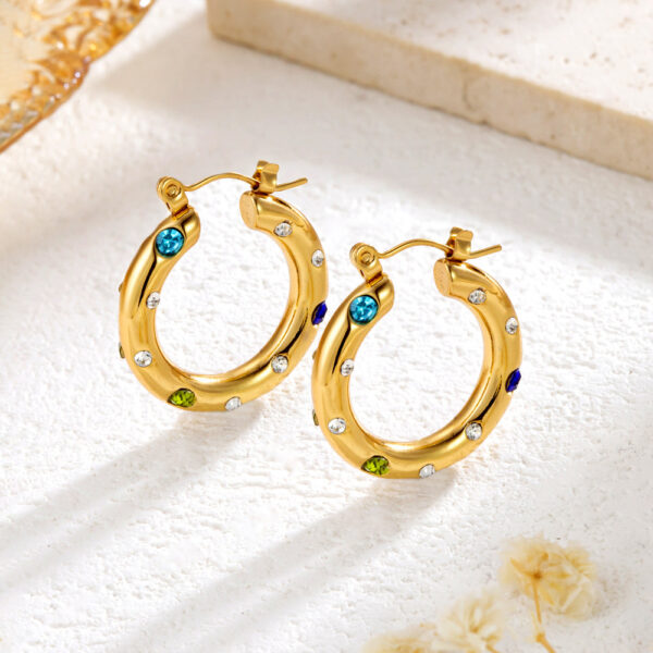 Stainless Steel Inlaid Color Diamond Round Ring Earrings Simple - Image 4