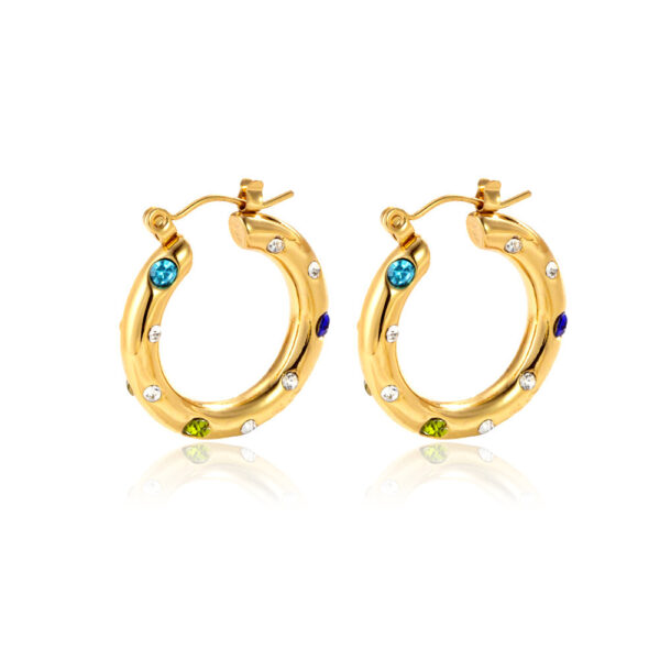 Stainless Steel Inlaid Color Diamond Round Ring Earrings Simple - Image 2